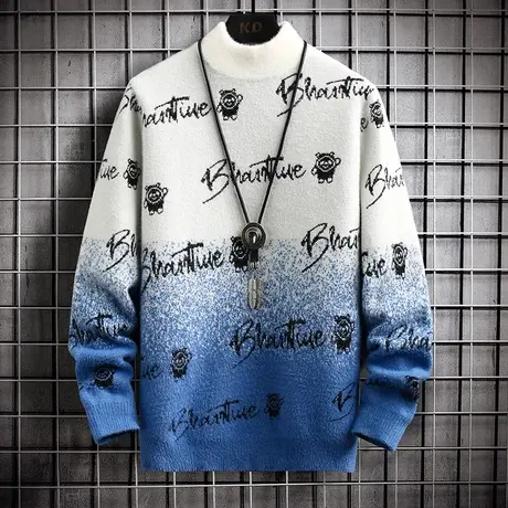 青少年学生水貂绒毛衣男生韩版潮流大童码个性加厚打底针织衫外套商品大图