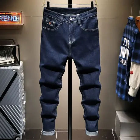秋季深蓝色牛仔裤男士休闲韩版潮流修身小脚男生春秋款欧美潮牌裤商品大图