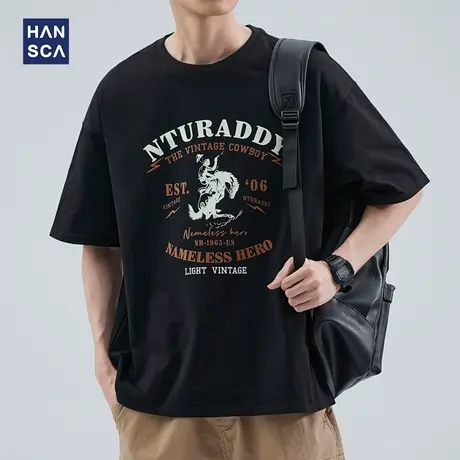 hansca 夏季纯棉字母印花短袖T恤男黑色潮流百搭青少年休闲体恤衫商品大图
