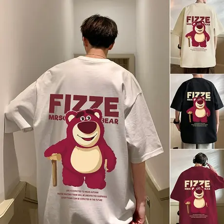 草莓熊t恤男2024新款夏季短袖纯棉男女上衣美式高街休闲大码体恤商品大图