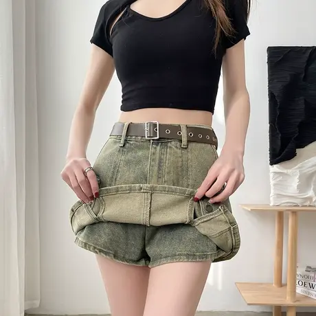 美式辣妹牛仔短裤女春夏2024新款高腰百搭弹力显瘦a字超短裙裤潮图片