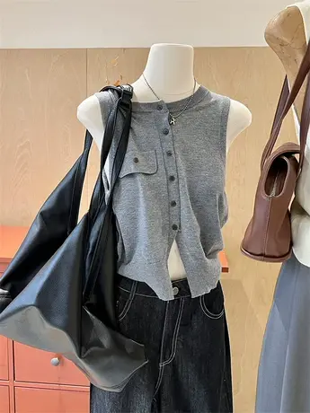 针织马甲背心女春外穿修身短款简约气质排扣圆领叠穿无袖开衫上衣图片