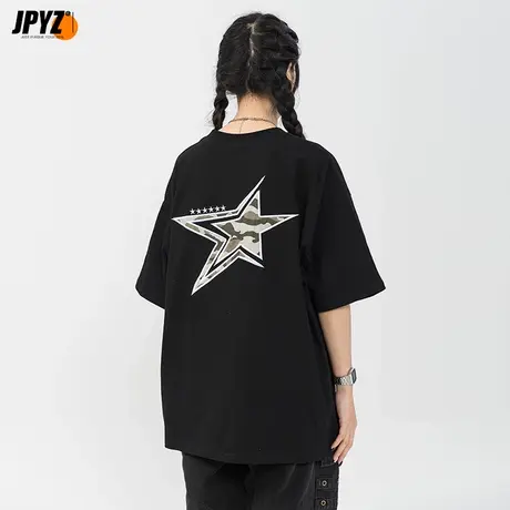 个性嘻哈迷彩字母刺绣短袖纯棉夏季男款宽松圆领美式复古t恤潮牌商品大图