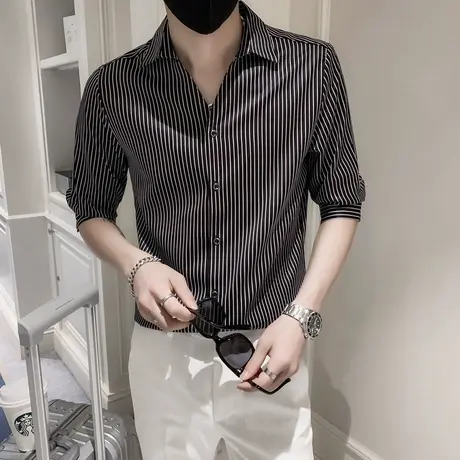 短袖男士个性V领夏季衬衣潮流痞帅气七分袖男装韩版中袖条纹衬衫商品大图