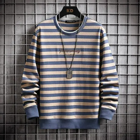 条纹卫衣男士上衣潮牌ins长袖T恤2023新款青少年打底体恤衫秋衣服商品大图