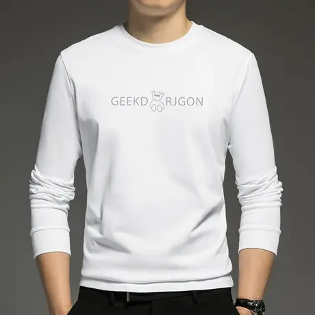 重磅纯棉长袖t恤男装小熊加绒加厚白色打底衫摇粒绒全棉内搭秋衣商品大图