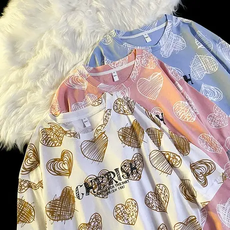 夏季情侣短袖t恤男宽松印花上衣圆领打底大码半袖衣服潮流体恤薄商品大图