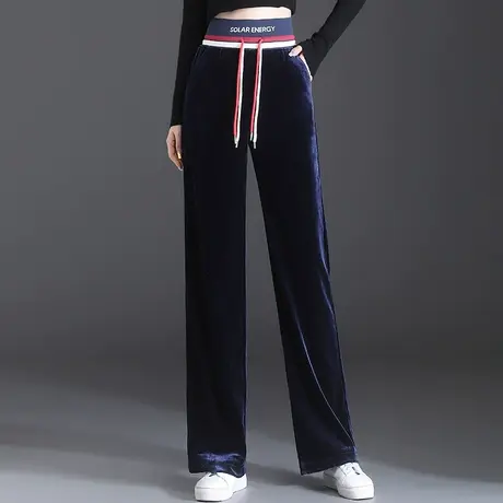金丝绒直筒运动裤女春秋垂感长裤宽松显瘦抽绳高腰休闲阔腿卫裤潮商品大图
