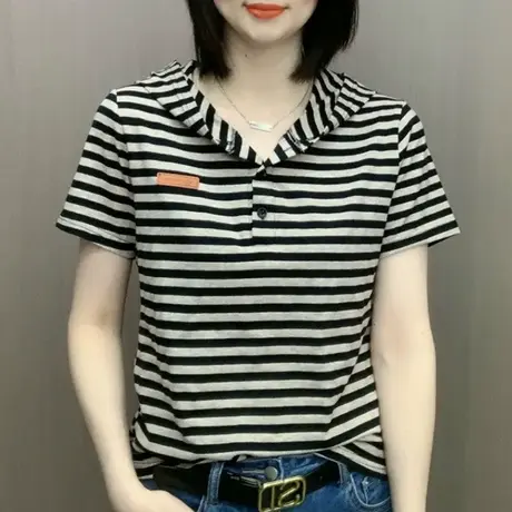 条纹t恤女2022新款夏季休闲短袖韩版时尚百搭连帽小衫减龄上衣商品大图