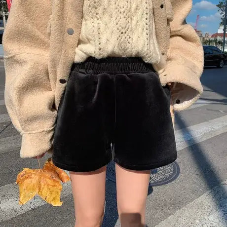 时尚气质百搭显瘦短裤2022年冬季新款淑女温柔高腰设计加绒直筒裤商品大图