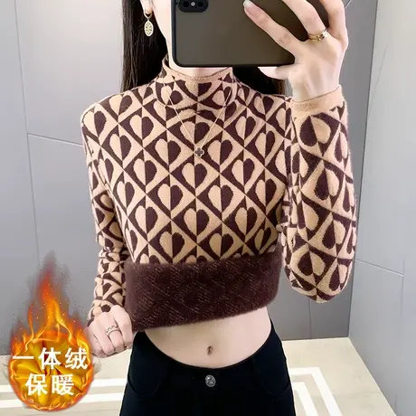 秋冬加绒毛衣女加厚一体绒内搭洋气半高领套头打底针织衫保暖上衣图片