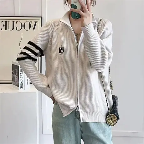 早秋立领针织开衫外套女2023新款韩版宽松洋气拉链衫女士外搭毛衣图片