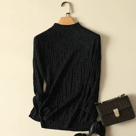半高领毛衣打底衫女秋冬2023新款黑色亮丝修身长袖内搭上衣针织衫商品大图