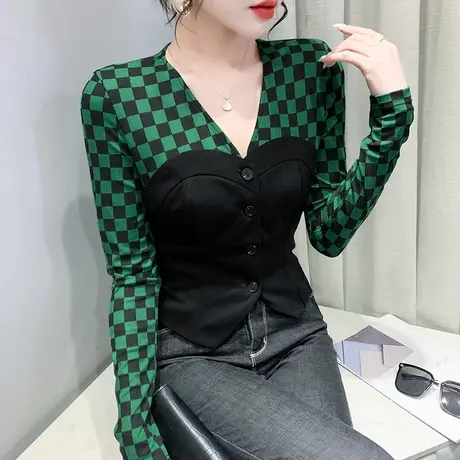 棋盘格拼接洋气打底衫女春秋性感V领高腰T恤长袖欧货短款紧身上衣商品大图