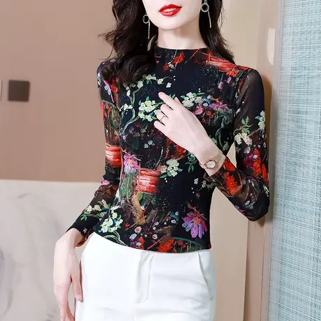 网纱长袖打底衫女春秋2023新款半高领修身T恤ins减龄时尚洋气上衣商品大图