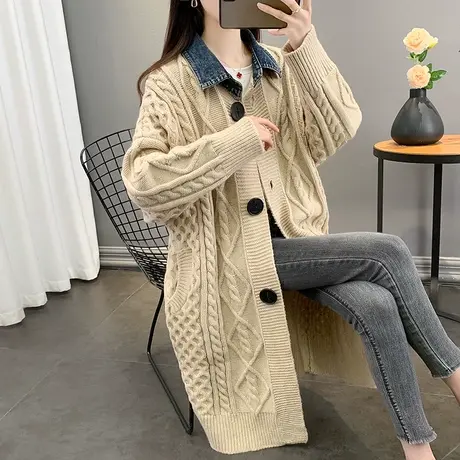 毛衣外套女秋冬2023新款爆款中长款慵懒风韩版女牛仔领针织开衫潮图片