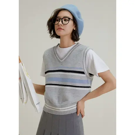 弥古撞色条纹针织马甲女款2023新款春秋法式v领坎肩马夹背心显瘦商品大图