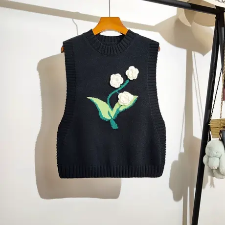 立体花朵针织背心马甲女春秋新款圆领叠穿设计感无袖毛衣坎肩外搭图片