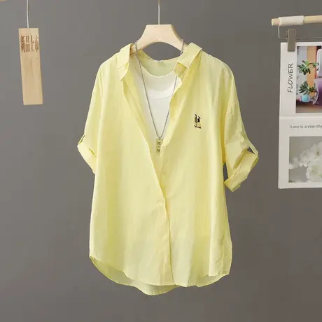 刺绣纯棉黄色衬衫女薄款夏季中袖小个子上衣五分袖叠穿休闲衬衣女图片