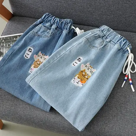 日系森女学生春夏装可爱猫咪刺绣牛仔裤七分裤少女软萌妹宽松裤子图片