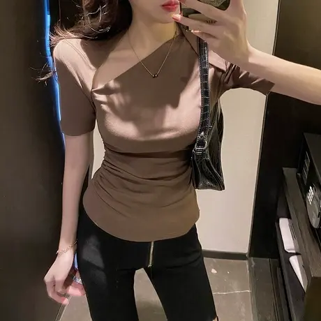 纯棉短袖t恤女夏季薄款不规则修身韩版设计感小众别致上衣服ins潮商品大图