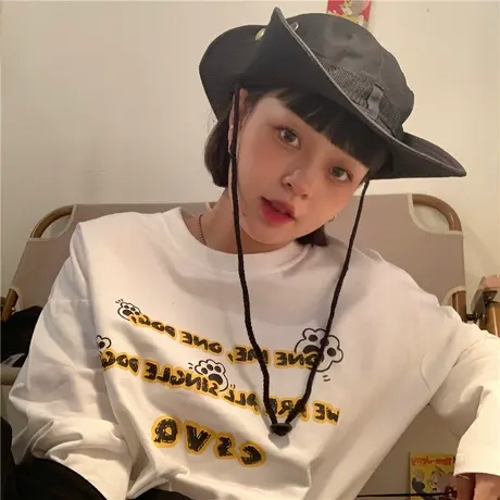 红续卡通猫爪发泡字母印花长袖T恤女2023秋装新款韩版慵懒风上衣商品大图