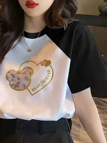 2023夏季新款白色仿棉短袖T恤女插肩袖拼接韩版学生百搭宽松ins图片