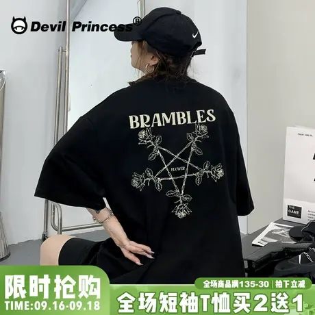 oversize潮牌纯棉黑色短袖t恤女夏宽松韩版ins甜酷风美式复古上衣商品大图