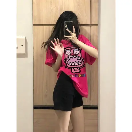 重磅纯棉短袖t恤女ins潮显白火龙果色宽松小众设计感半袖上衣夏季图片