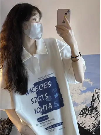 polo领纯棉短袖t恤女美式学院风夏季港味chic设计感小众宽松上衣图片