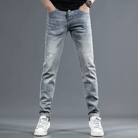 高端牛仔裤男2023夏季新款复古蓝色修身小直筒男士潮牌潮流裤子男商品大图