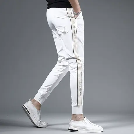 白色冰丝休闲裤男2023夏季新款潮牌修身束脚薄款弹力松紧腰裤子男商品大图