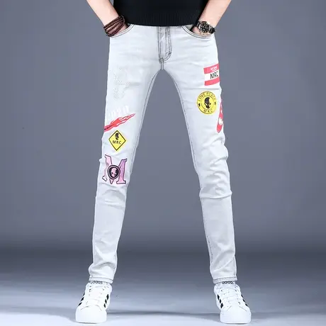 2023男士春夏牛仔裤子时尚修身美式精致印花小脚裤百搭男潮牌棉弹图片
