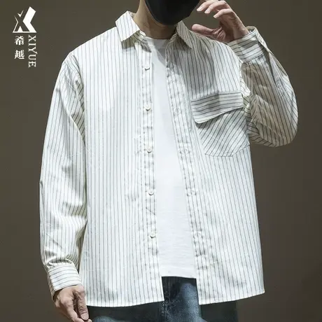 希越日系纯棉条纹衬衫男秋季宽松大码复古翻领贴袋开衫上衣外套潮商品大图