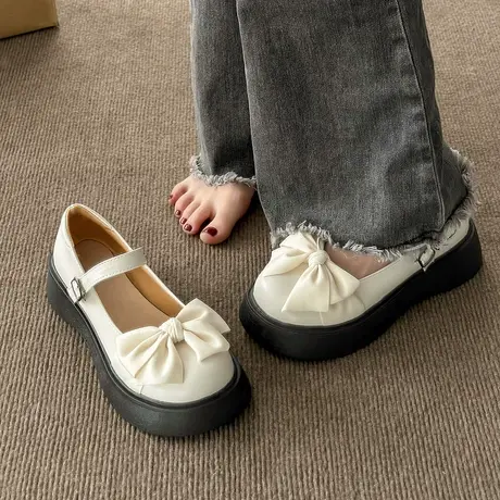 蝴蝶结厚底松糕玛丽珍鞋女2023夏季新款法式配裙日系jk大头小皮鞋商品大图
