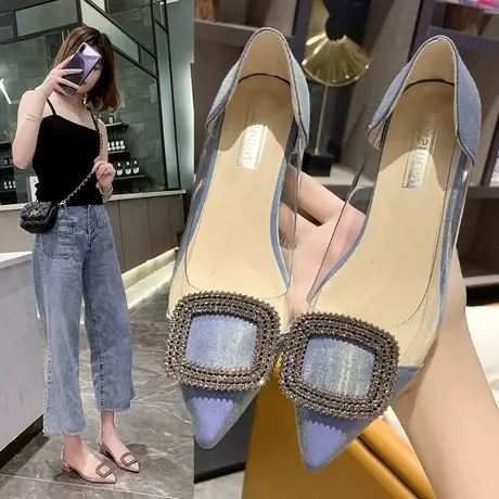 2023春季新款单鞋女鞋尖头粗跟中跟套脚浅口法式方扣中空透明凉鞋商品大图