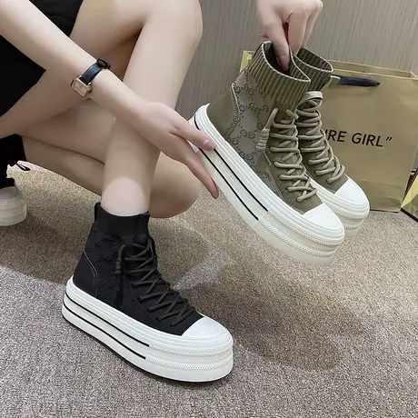 高帮袜子鞋女秋季2023新款韩版弹力飞织袜靴显瘦厚底针织马丁短靴图片