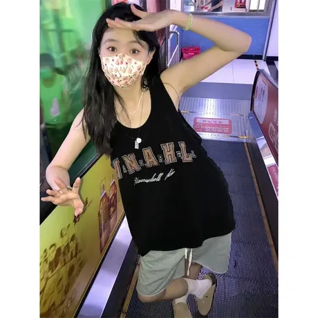 美式复古纯棉吊带运动坎肩背心无袖t恤女夏外穿宽松港风挂脖上衣图片