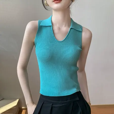 法式Polo领挂脖吊带背心夏纯色修身显瘦冰丝遮副乳v领无袖上衣女商品大图
