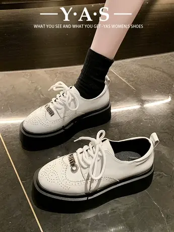 英伦风小皮鞋女2024春秋新款低帮休闲洋气布洛克松糕厚底轻便单鞋商品大图
