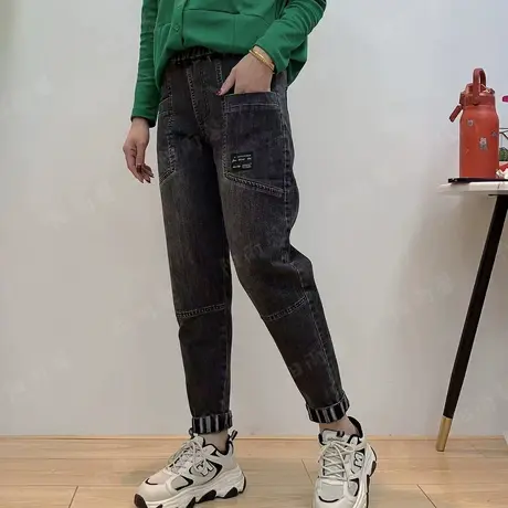 松紧腰弹力贴布牛仔哈伦裤女2023春季新款时尚休闲显瘦百搭九分裤商品大图
