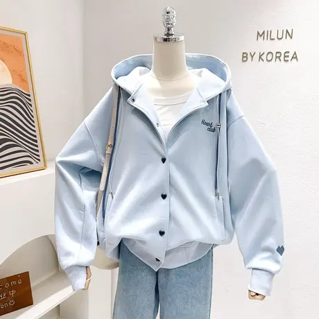 2023春秋新款连帽外套ins韩系爱心奶油风软糯蓝色开衫卫衣学院风图片