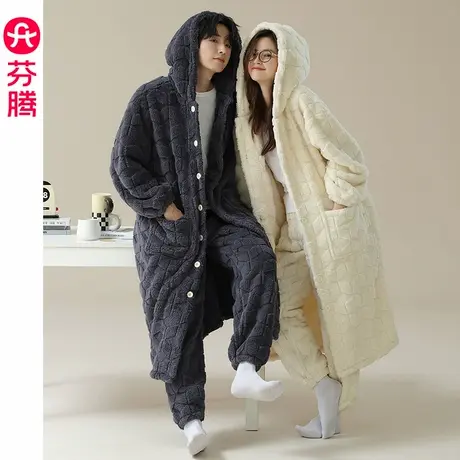 芬腾秋冬季情侣睡衣珊瑚绒女睡袍套装连帽加厚保暖大码男士家居服商品大图