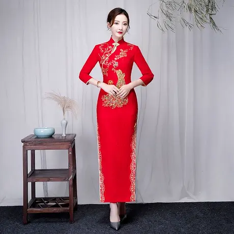 长款长袖礼仪服装迎宾小姐红色蕾丝舞台演出大码年会修身走秀旗袍图片
