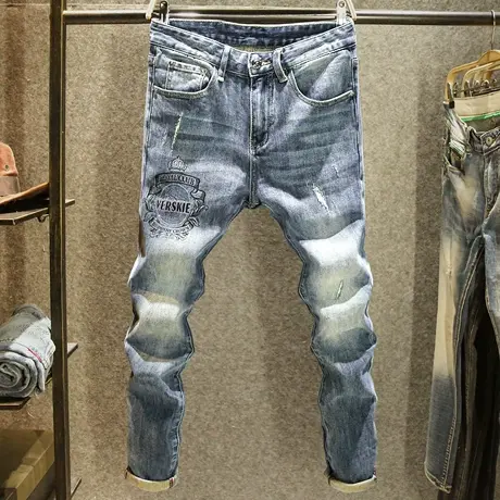 高端烫钻秋冬季牛仔裤男款潮牌刺绣修身小脚裤高级感休闲百搭长裤商品大图