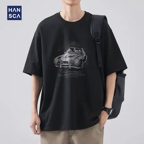 hansca汽车做旧印花圆领短袖男夏季新款美式潮牌街头慵懒宽松体恤商品大图