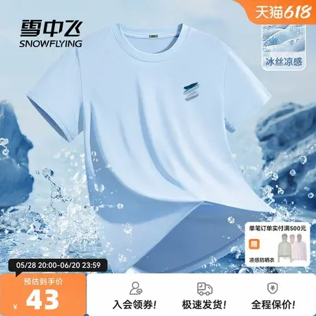 雪中飞蓝色短袖男2025年新款夏季宽松大码半袖男士冰丝凉感体恤PC图片