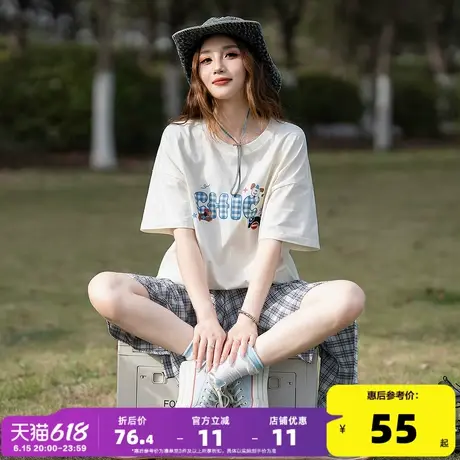 唐狮2025夏季新款圆领格子字母短袖T恤女时尚洋气小个子宽松上衣商品大图
