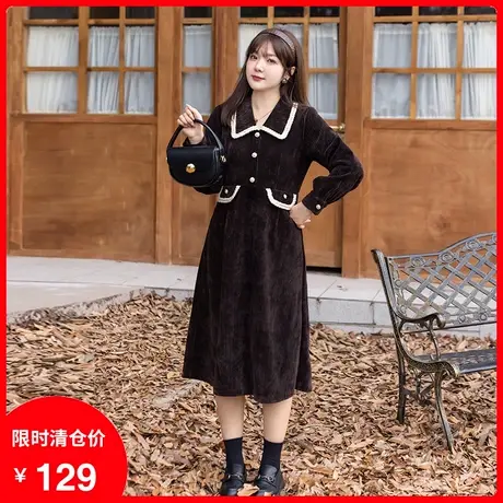 显瘦大码胖妹妹小黑裙2023年季新款设计感收腰翻领雪尼尔连衣裙商品大图