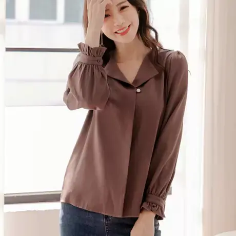 桔熊春秋季韩版通勤纯色翻领珠扣泡泡袖衬衫上衣女裝大码AB16014图片